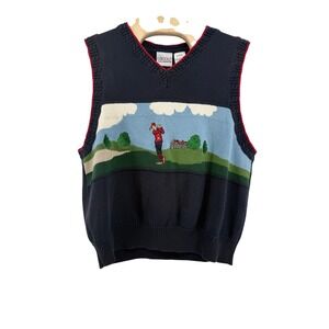 Liz Golf Liz Claiborne Sweater Vest W Large Cotton Navy Intarsia Graphic Preppy